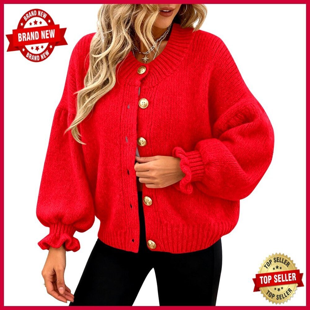 Cropped Cardigan Chunky Knit Ruffle Sleeves Button Down Open Front Sweater